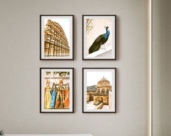 Indian Wall Art Set of 4, Jaipur Wall Art, Rajasthan Poster, Indian Travel Digital Art,  Indian Peacock Print, Indian Palace Boho Photograph