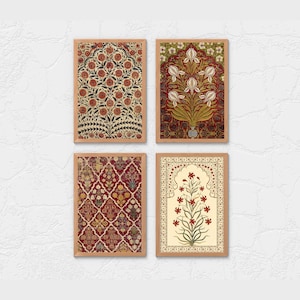 Indische Blumenkunst, 4er Set, indische Volkskunst, Mughal Blumenkunst, indische Vintage Kunst, Pichwai Malerei, Mughal Kunst, indische digitale Wandkunst