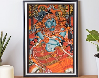 Pintura Kalamkari india, arte indio antiguo de Krishna, pintura de Radha Krishna, arte religioso indio, dios indio, mural de Kerala, Señor Krishna