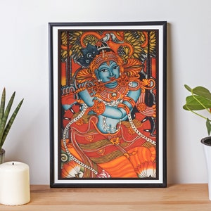 Indische Kalamkari Malerei, Krishna Vintage indische Kunst, Radha Krishna Malerei, indische religiöse Kunst, indischer Gott, Kerela Wandbild, Lord Krishna