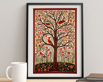 Madhubani Painting, Indian Wall Art, Indian Madhubani Art, Tree of Life Painting, Digital Art, Indian Folk Art, Indian Traditional Art