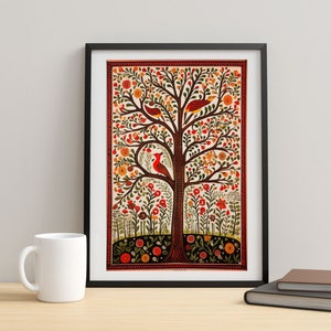 Madhubani Malerei, Indische Wandkunst, Indische Madhubani Kunst, Baum des Lebens Gemälde, digitale Kunst, indische Volkskunst, traditionelle indische Kunst