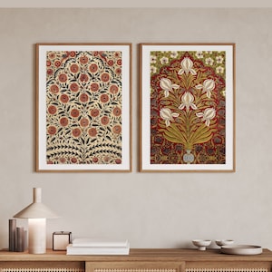 Indische Blumenkunst, 2er-Set, indische Volkskunst, Mughal Blumenkunst, indische Vintage-Kunst, Pichwai-Malerei, Mughal Kunst, indische digitale Wandkunst