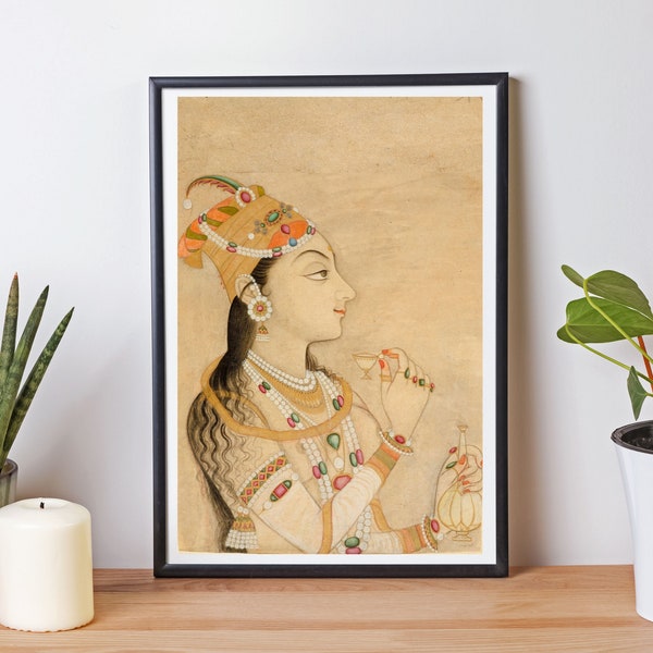 Royal Lady Art, Beautiful Woman Wall Art, Mughal Art, Indian Art, Vintage Wall Art, Indian Folk Art, Vintage Painting of Indian Princess