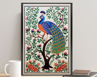 Indian Peacock Art, Pichwai Art, Indian Folk Art, Botanical Vintage Art, Pichwai Painting, Peacock Floral Art, Indian Art, Peacock Painting