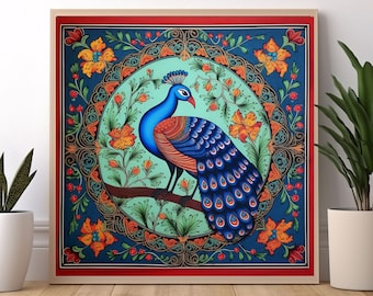 May include: A blue and green peacock with a long tail of blue and green feathers is depicted in a circular frame with a floral design. The frame is surrounded by a border of red, orange, and yellow flowers.