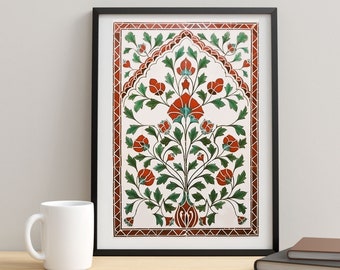 Póster de arte mural turco, arte mogol, decoración de pared con estampado floral, arte islámico, arte floral islámico, arte floral vintage, arte mural persa, digital