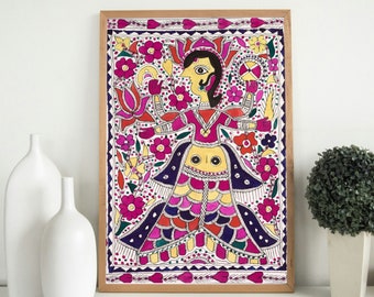 Indian Madhubani Painting, Indian Goddess, Living Room decor, Indian Folk Art, Mithila Art Poster, Indian Wall Art, Madhubani Indian Prints
