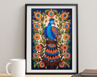 Indian Madhubani Painting, Indian Wall Art, Peacock Painting, Indian Vintage Peacock Painting, Indian Peacock Digital Art, Indian Folk Art,