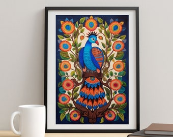 May include: A blue and orange peacock with a detailed design sits on a branch surrounded by colorful flowers. The background is a dark blue.