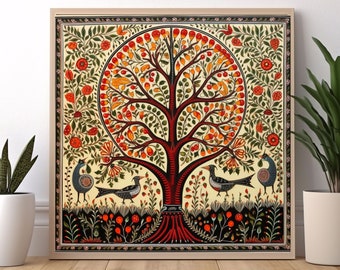 Madhubani Painting, Tree of Life, Indian Wall Art  Print, Indian Vintage Painting, Indian Digital Folk Art, Indian Traditional Madhubani Art