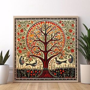 Madhubani Malerei, Baum des Lebens, Indische Wand Kunst Druck, Indische Vintage Malerei, Indische digitale Volkskunst, indische traditionelle Madhubani Kunst