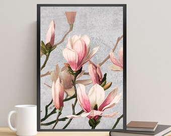 Arte floral vintage, Magnolia vintage, Lámina botánica, Lámina de magnolia, Arte de magnolia rosa, Lámina floral antigua, Decoración rústica, Arte bohemio