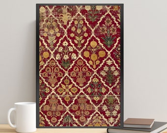 May include: A framed print of a vintage red and gold floral pattern. The pattern features a repeating diamond shape with stylized flowers and leaves.