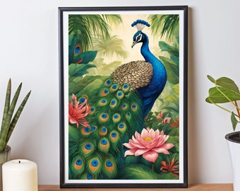 Peacock Tropical Indian Art, Floral Nature Prints, Green Blue Paintings, Peacock Poster Prints, Peacock Wall Art, Animated Peacock Painting
