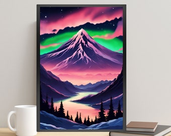 Aurora Borealis, Northern Lights, Scenic Wall Art, Canada and Iceland Night Sky Digital Art, Nature Prints, Travel Poster, Green Blue Art