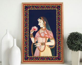 Indian Folk Art, Indian Royal Princess with Flower, Mughal Art, Indian Royal Queen, Indian Prints, Indian Wall Art, Indian Art, Indian Woman