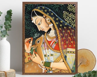 Indian Royal Princess Art Print: Mughal Queen with Deer (Digital Download)