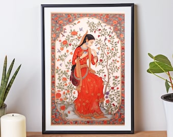 Arte popular indio, arte de la realeza india, pintura Pichwai, arte mural indio, arte indio, princesa real india, pintura de mujer india, vintage