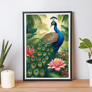 Peacock Tropical Indian Art, Floral Nature Prints, Green Blue Paintings, Peacock Poster Prints, Peacock Wall Art, Animated Peacock Painting