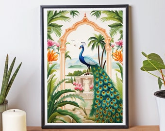 Indian Art, Floral & Nature Poster Prints, Living Room Decor, Peacock Wall Art, Indian Vintage Peacock Painting, Indian Peacock Digital Art