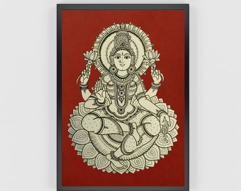 Indian Kalamkari Painting, Goddess Lakshmi, Prosperity, Housewarming gift, Hindu Goddess Wall Art, Religious Hindu God Digital Download