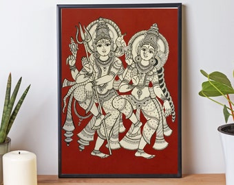 Indian Kalamkari Painting, Shiva and Parvathi Indian Art, Shiv Parvati Painting, Indian Religious Art, Indian God, Digital Wall Art, Hindu