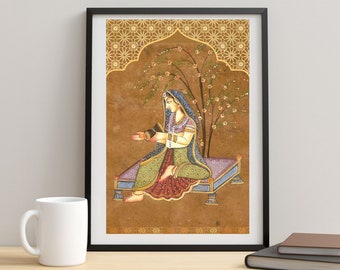 Arte popular indio, arte de la dama real india, pintura mogol india, arte mural indio, arte imprimible de la reina india, póster de la princesa india