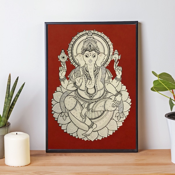 Indian Kalamkari Painting, Lord Ganesha Vintage Indian Art, Ganesha Painting, Indian Religious Art, Indian God Digital Wall Art, Indian Art