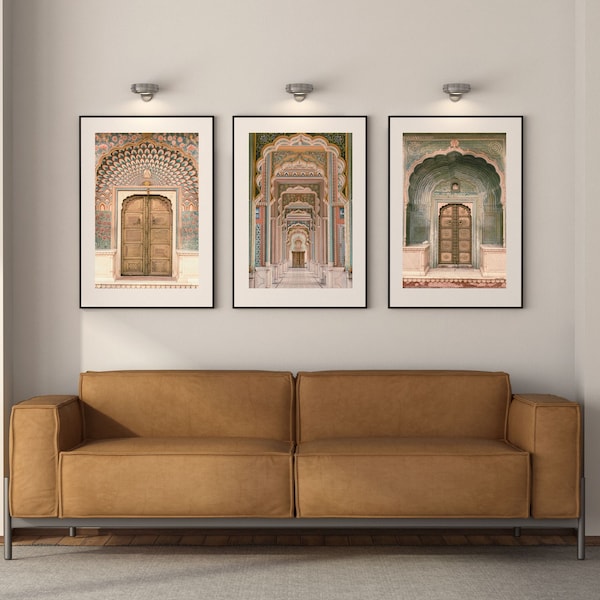 Indische Palasttür 3er Set, Indische Wandkunst, Boho Wandkunst, Indische Palasttürkunst, Jaipur Reiseposter, Indische Drucke, Indische Palastkunst