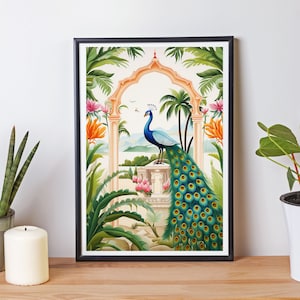 Indian Art, Floral & Nature Poster Prints, Living Room Decor, Peacock Wall Art, Indian Vintage Peacock Painting, Indian Peacock Digital Art