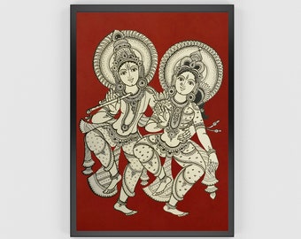 Indian Kalamkari Painting, Radha Krishna Vintage Indian Art, Radha Krishna Painting, Indian Religious Art, Indian God Digital Wall Art