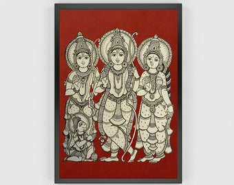 Indian Kalamkari Painting, Rama Indian Art, Ram Darbar Painting, Indian Religious Art, Indian God Digital Wall Art, Shree Ram Digital Art