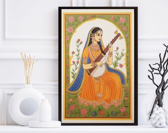 Arte popular indio, arte de la dama real india, pintura india, arte de la pared india, arte mogol, mujer india, arte indio Pichwai, arte indio vintage