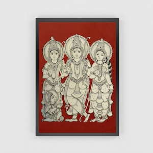 May include: A black and white line drawing of four Hindu deities on a red background. The deities are Rama, Sita, Lakshmana, and Hanuman. The drawing is framed in black.