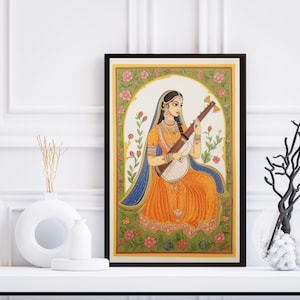 Indian Folk Art, Indian Royal Lady Art, Indian Painting, Indian Wall Art, Mughal Art, Indian Woman, Indian Pichwai Art, Vintage Indian Art