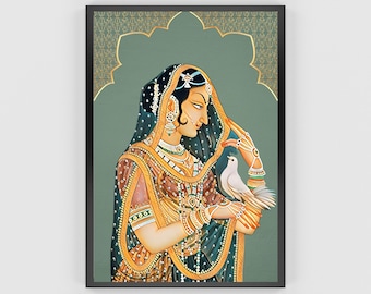 ヴィンテージのムガル帝国女王のミニチュア絵画：インド美術の壁装飾