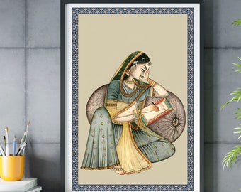 Indian Folk Art, Indian Royal Princess, Mughal Art, Indian Royal Queen, Indian Prints, Indian Printable Wall Art, Vintage Indian Woman Art