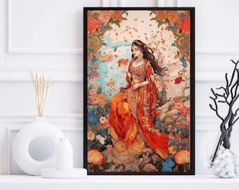 Indian Folk Art, Indian Royal Lady Art, Indian Woman Painting, Indian Wall Art, Poster Prints, Printable Art, Living Room Decor, Pichwai Art