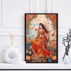Indian Folk Art, Indian Royal Lady Art, Indian Woman Painting, Indian Wall Art, Poster Prints, Printable Art, Living Room Decor, Pichwai Art