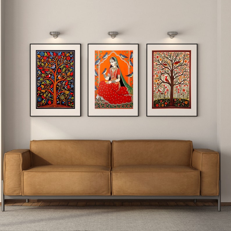 Buy Madhubani Painting, Tree of Life Set of 3, Indian Wall Art Print ...