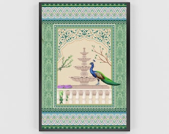 Pichwai Peacock Indian Art, Floral Nature Prints, Indian Vintage Art, Indian Wall Art, Indian Folk Art, Mughal Garden Wall Art, Indian Art
