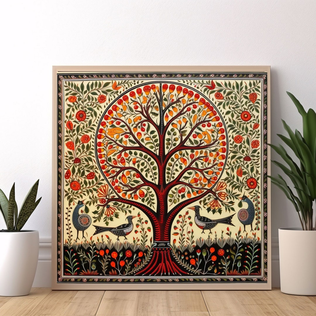 Madhubani Painting, Tree of Life, Indian Wall Art Print, Indian Vintage ...