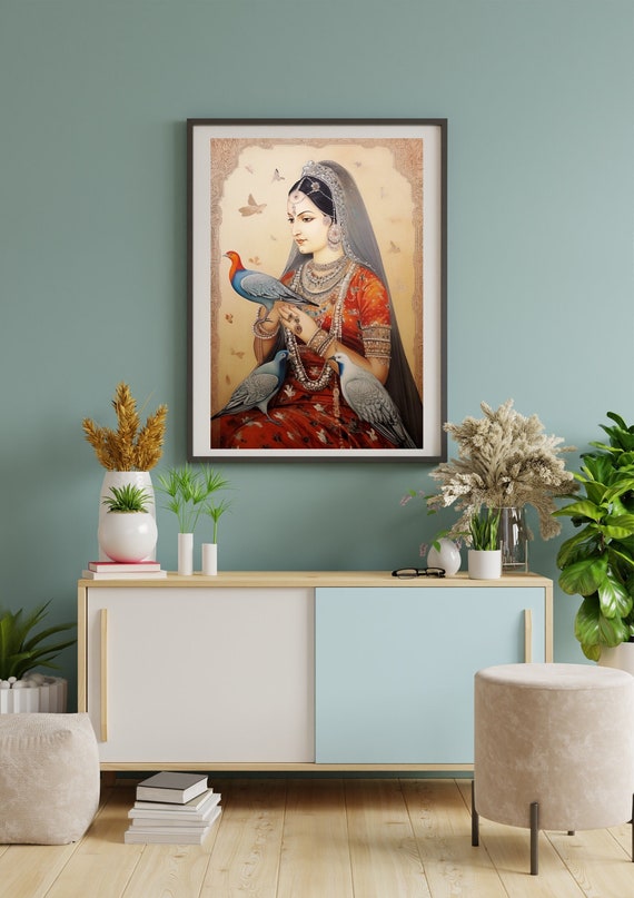 Indian Folk Art, Indian Royal Lady Art, Indian Painting, Indian Wall Art, Indian Vintage Poster Art, Living Room Decor , Indian Woman Art