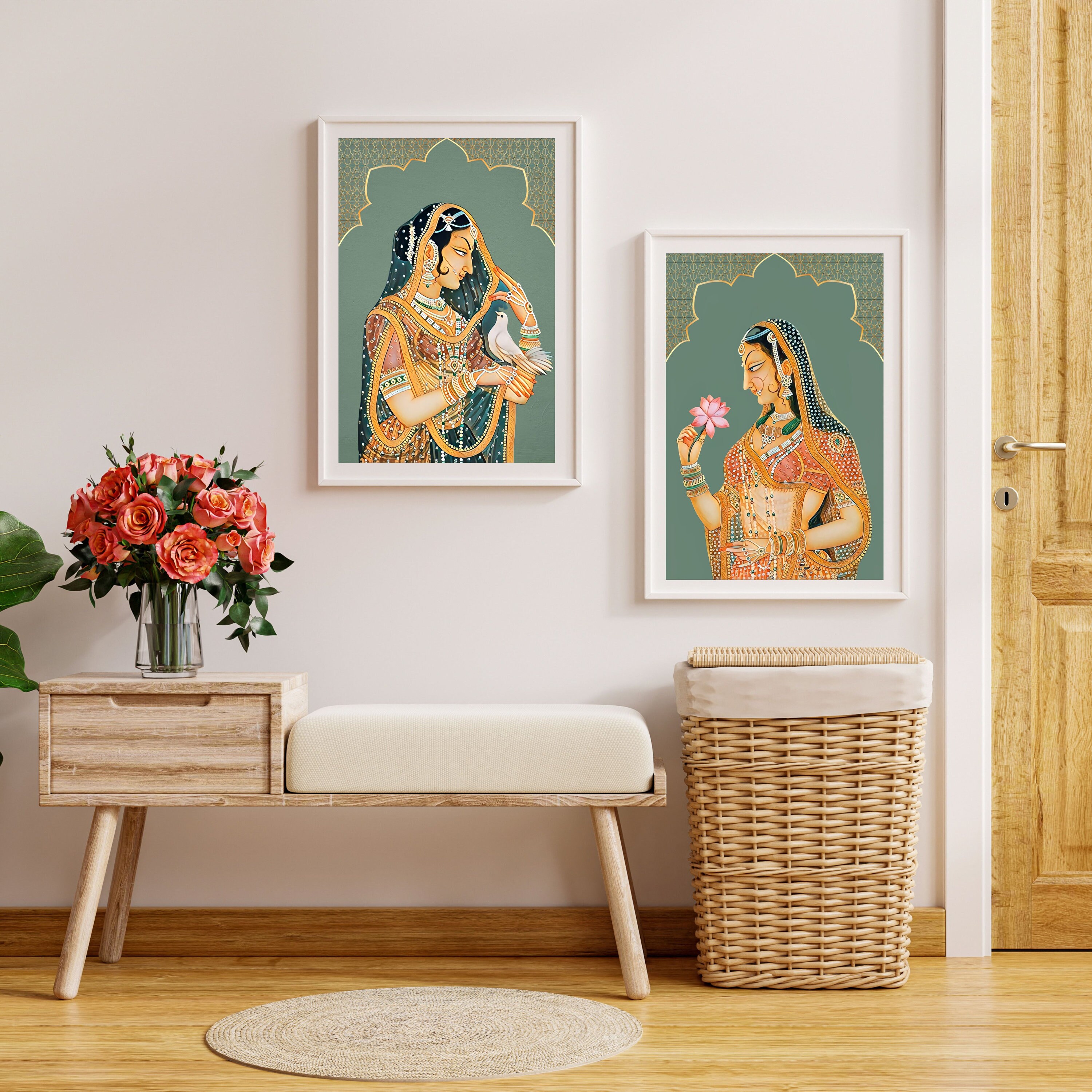 Set of 2 Indian Folk Art, Royal Princess With Pigeon, Mughal Art ...