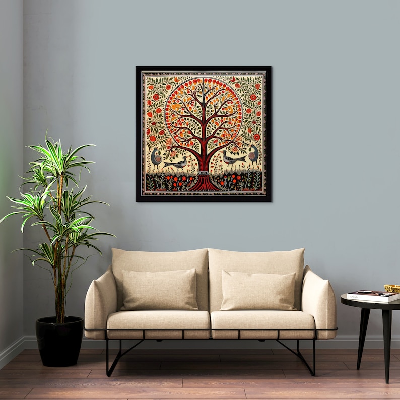 Madhubani Painting, Tree of Life, Indian Wall Art Print, Indian Vintage
