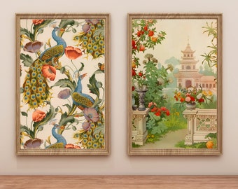 Set of 2 Floral Prints, Vintage Peacock Painting, Indian Peacock Art, Nature Poster Prints, Peacock Digital, Boho Wall Art Set, Indian Art