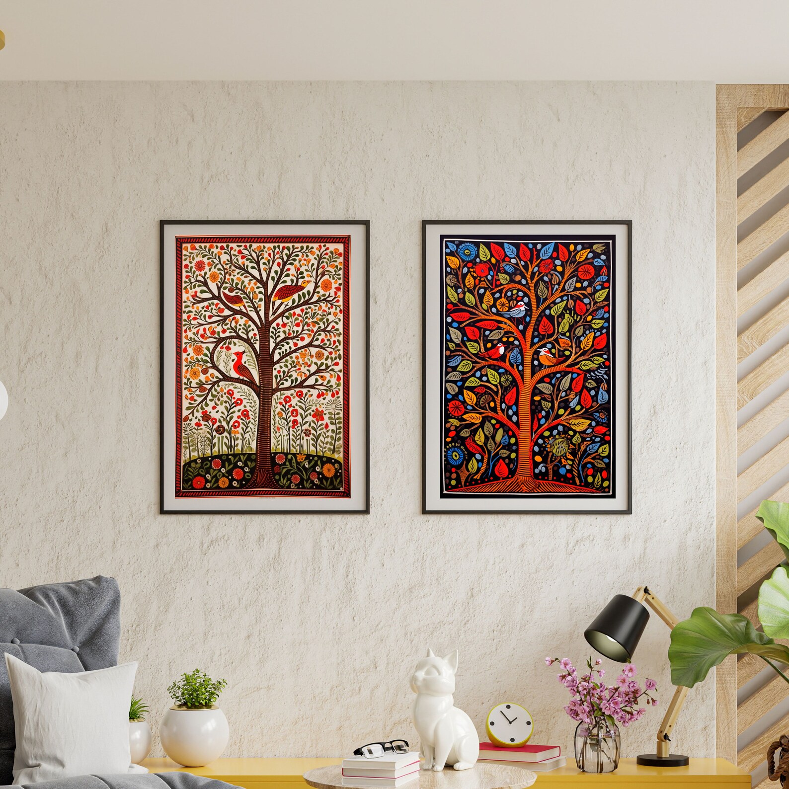Madhubani Painting, Tree of Life , Set of 2, Indian Wall Art Print ...