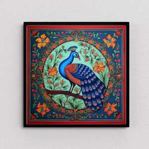 May include: A framed illustration of a peacock with blue and green feathers, standing on a branch in a circular floral design with red, orange, and yellow flowers. The background is a dark blue with gold accents.
