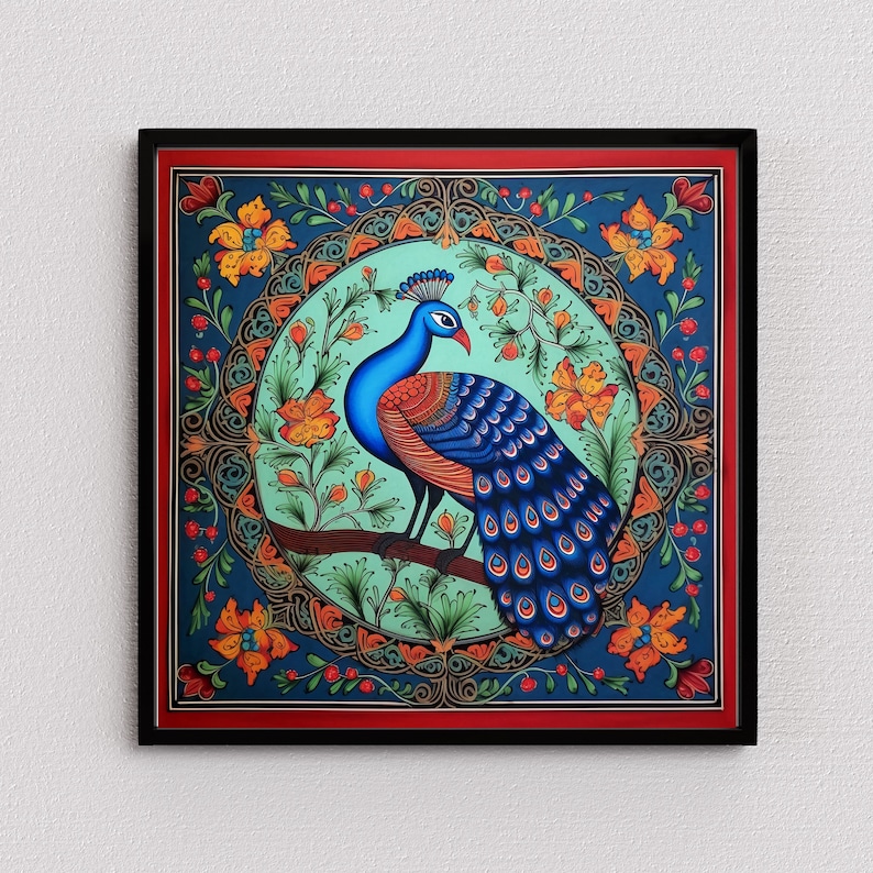 May include: A framed illustration of a peacock with blue and green feathers, standing on a branch in a circular floral design with red, orange, and yellow flowers. The background is a dark blue with gold accents.